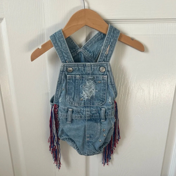 Old Navy Other - Baby Denim Jean Romper Red White Blue Tassel 4th of July Outfit 6-12 Months